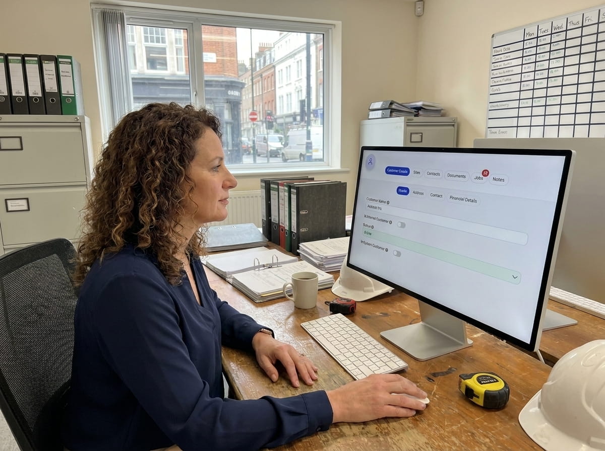 Office worker reviewing a customer profile in the PaperDrop CRM