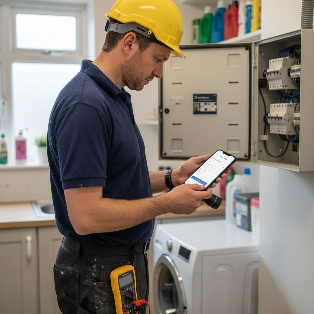 UK electrician at an open domestic consumer unit completing an EICR certificate on the PaperDrop mobile app.