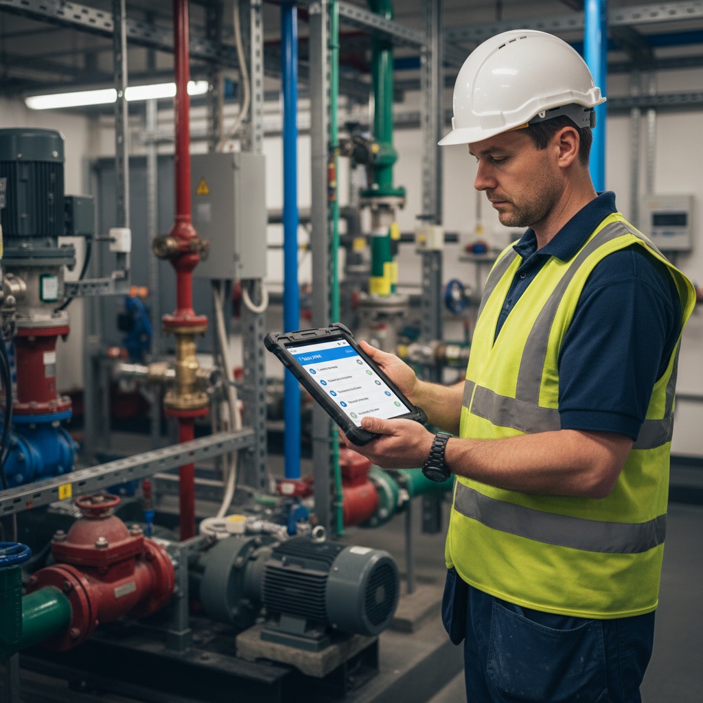UK M&E facilities engineer in a commercial plant room reviewing the multi-site PaperDrop dashboard on a rugged tablet.