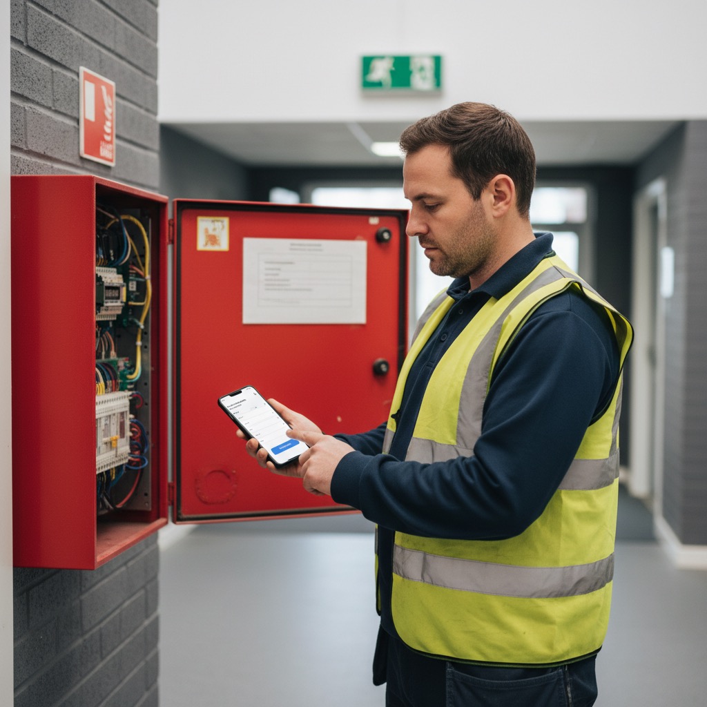 UK fire and security engineer at an open fire alarm panel signing off the service certificate on the PaperDrop mobile app.