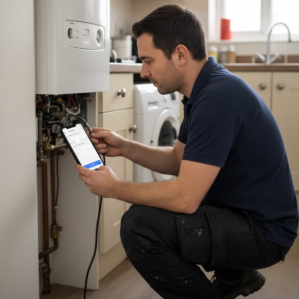 UK Gas Safe registered engineer completing a landlord gas safety record on the PaperDrop mobile app while testing a boiler.
