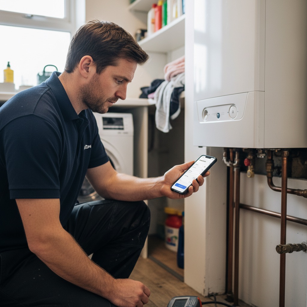 UK heating engineer servicing a domestic combi boiler and capturing the service report on the PaperDrop mobile app.