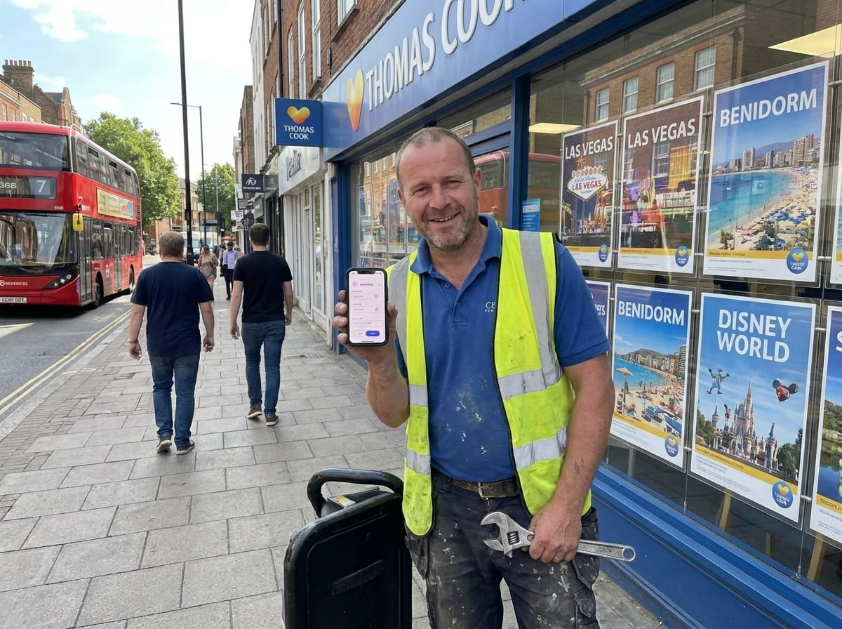 Worker outside a travel agent, requesting time off via the PaperDrop app