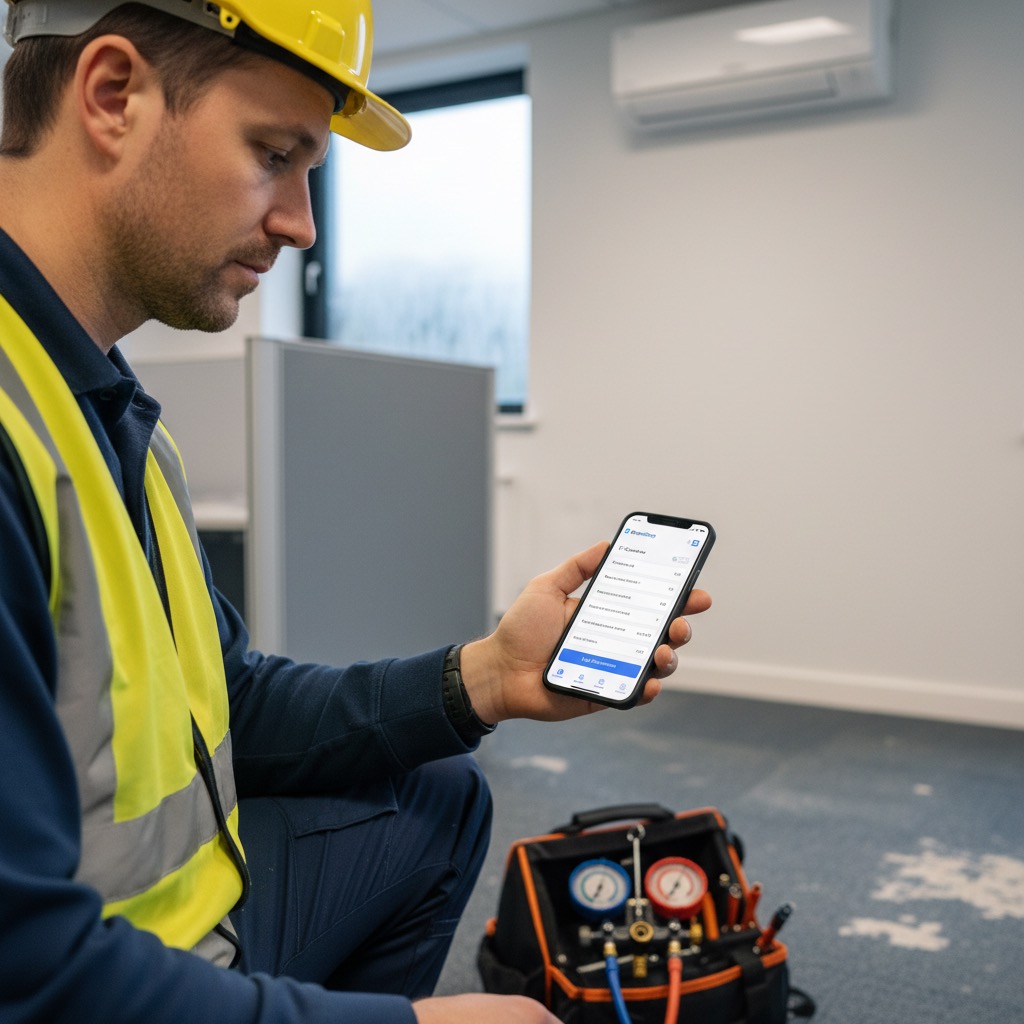 UK HVAC engineer commissioning a split air-conditioning unit and capturing the F-Gas record on the PaperDrop mobile app.