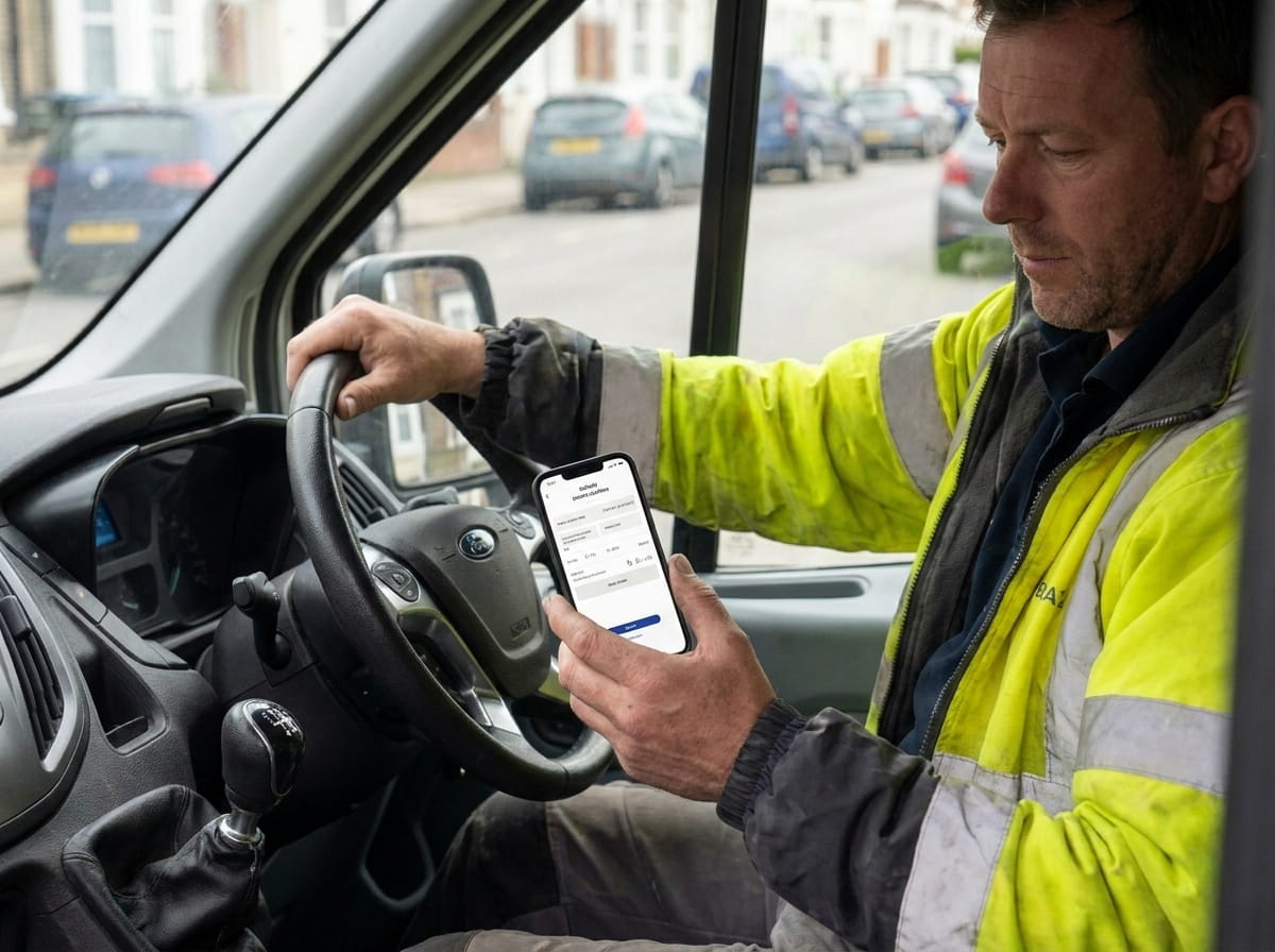 Engineer in a work van logging mileage on the PaperDrop app