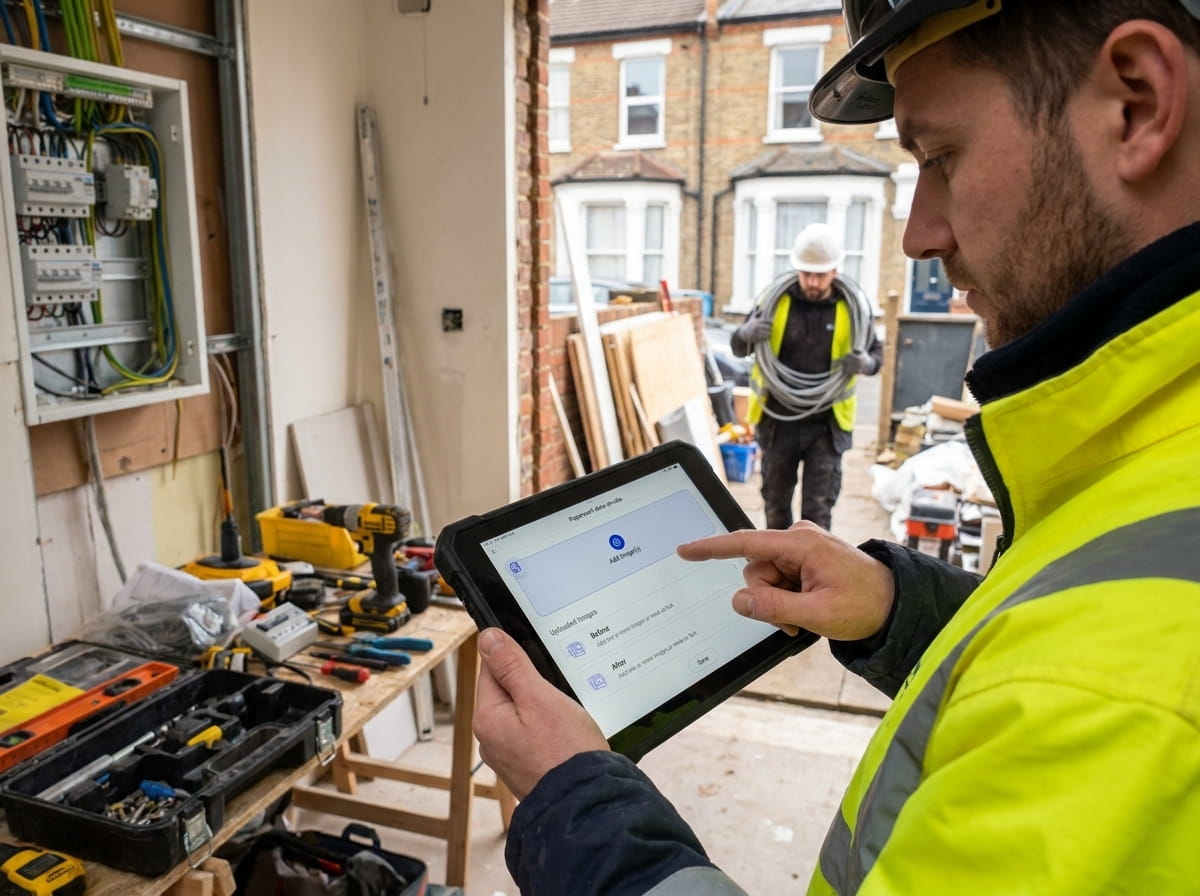 Engineer on site completing a digital job sheet on a phone