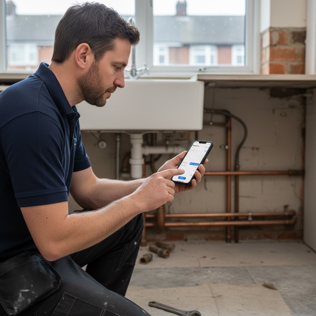 UK plumber kneeling beside an under-sink installation, using the PaperDrop mobile app to capture a job sheet with photos.