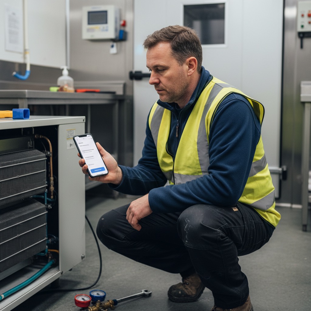 UK commercial refrigeration engineer servicing a walk-in cold room and completing the service report on the PaperDrop mobile app.