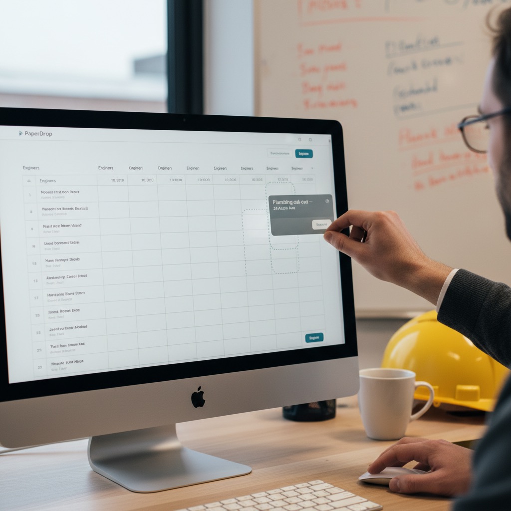 Close-up of a schedule card being dragged from one engineer's row to another on the PaperDrop Planner