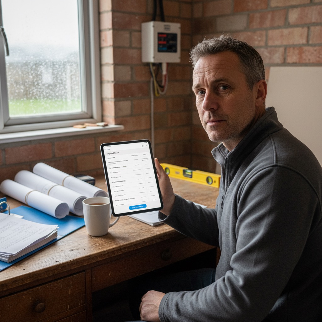 Contractor reviewing a scope document on a tablet on site