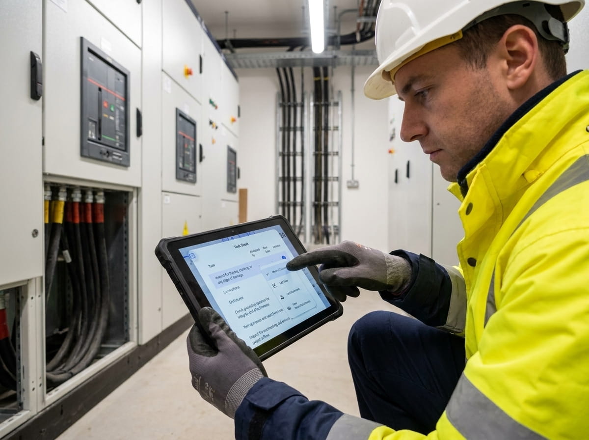 Engineer ticking off tasks on a digital job sheet on a tablet on site