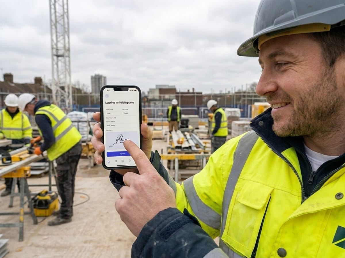 Engineer on site logging time against a job from a phone