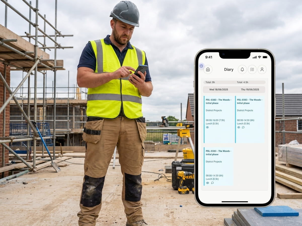Engineer on site reviewing the PaperDrop timesheet diary screen