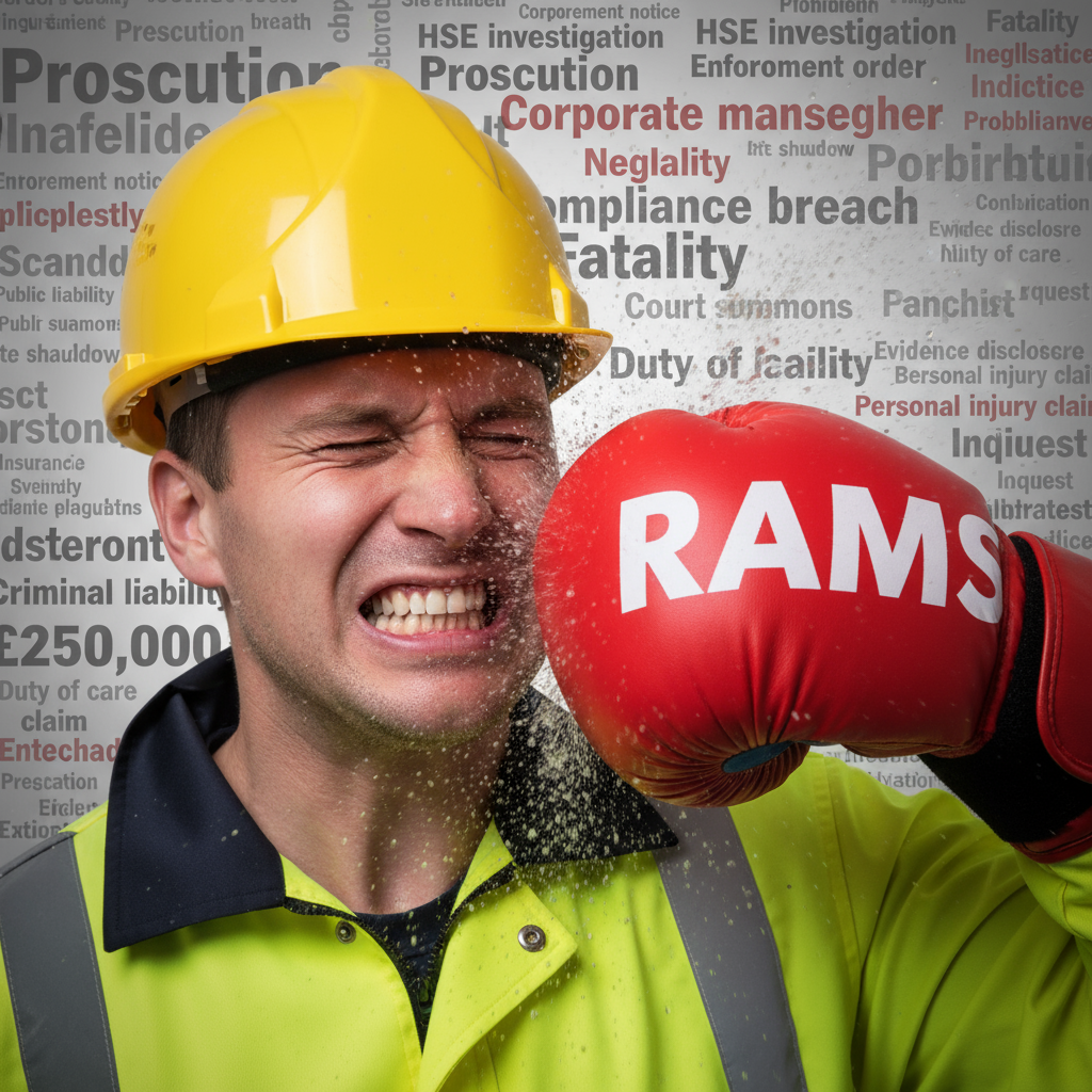 Construction worker getting hit by RAMS boxing glove representing HSE fines