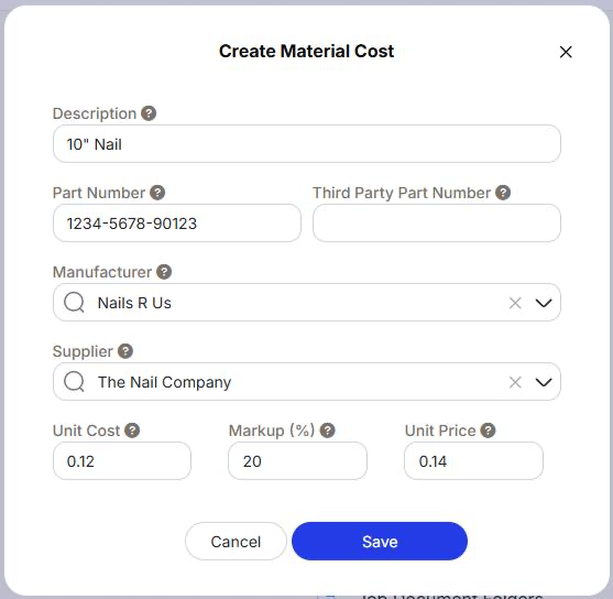 Material Cost Creation Interface