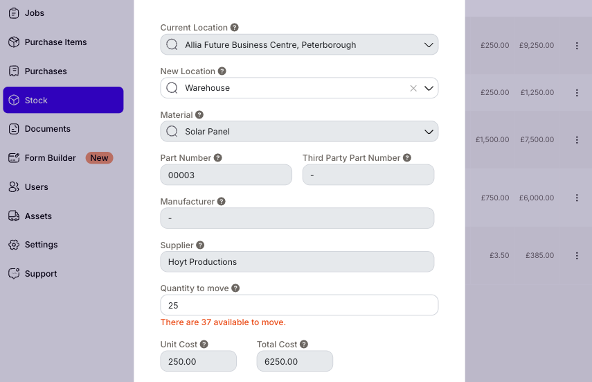 PaperDrop stock movement screen showing items transferred between locations with timestamps